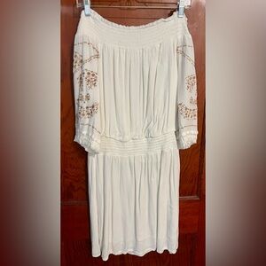 White Off-Shoulder Dress with Embroidered Sleeves